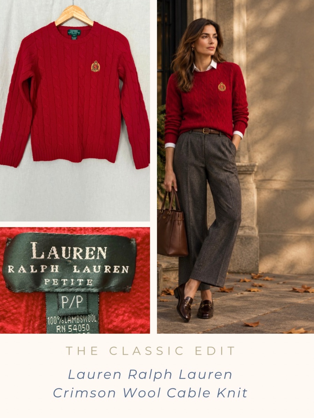 Lauren Ralph Lauren Holiday Crimson Cable-Knit 100% Lambswool Sweater With Crest